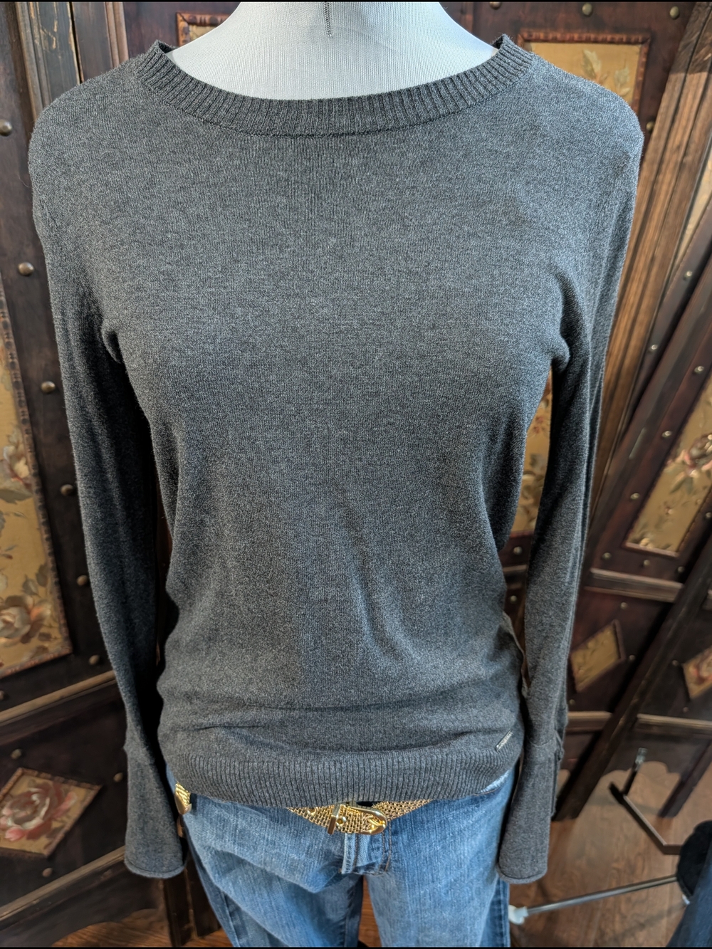 Michael Kors Charcoal Gray Crewneck Sweater Bell Sleeve Bow Detail Fall Size M